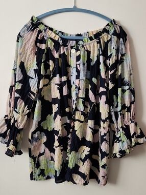Black Off-Shoulder Floral Blouse with Pastel Pink & Green Accents